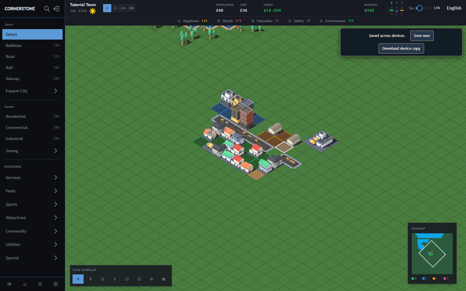A town built in Cornerstone, with roads, homes and city budget controls.