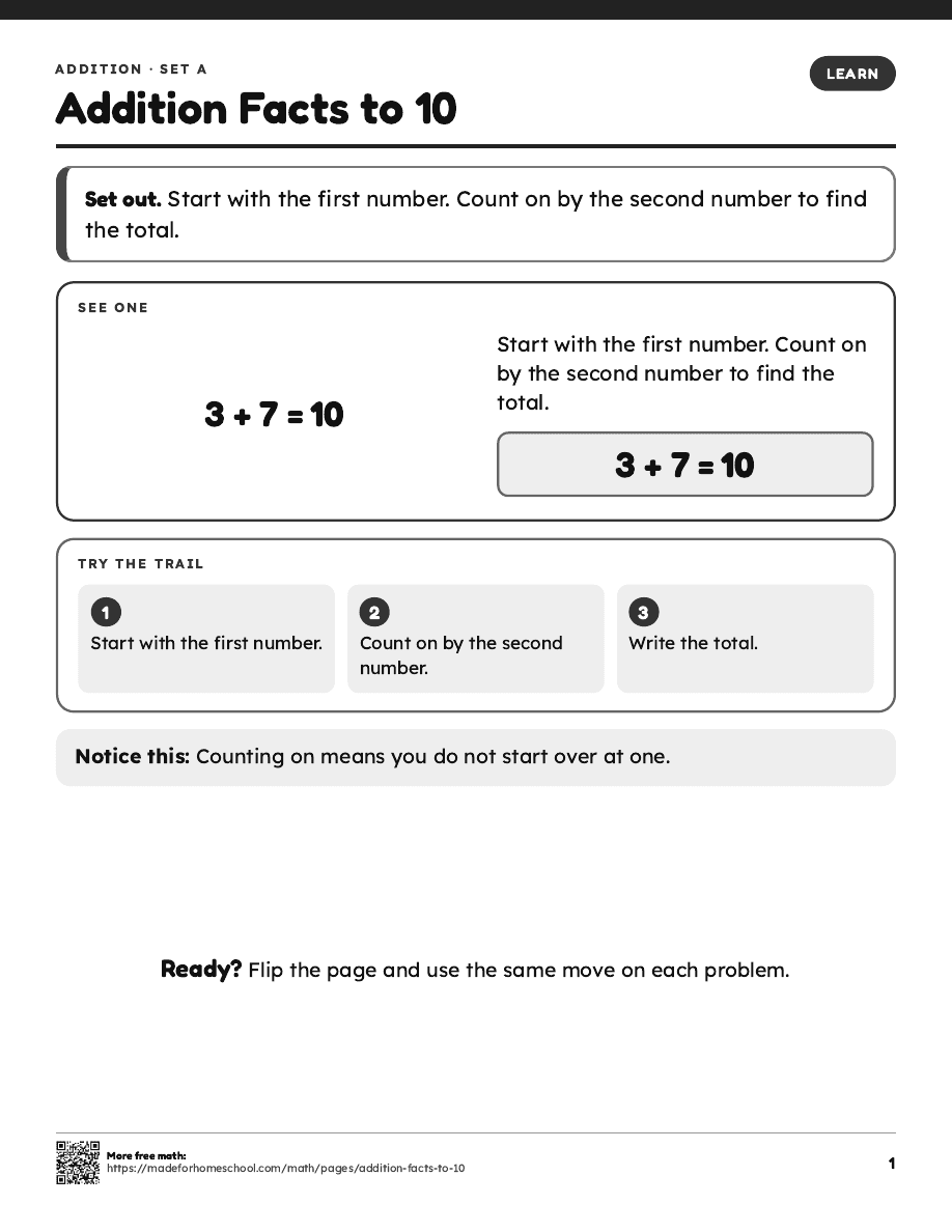 First page of Addition Facts to 10