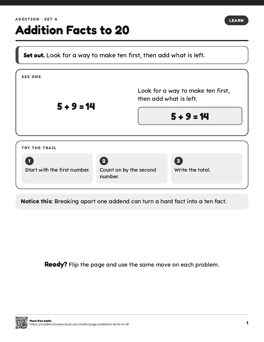 First page of Addition Facts to 20
