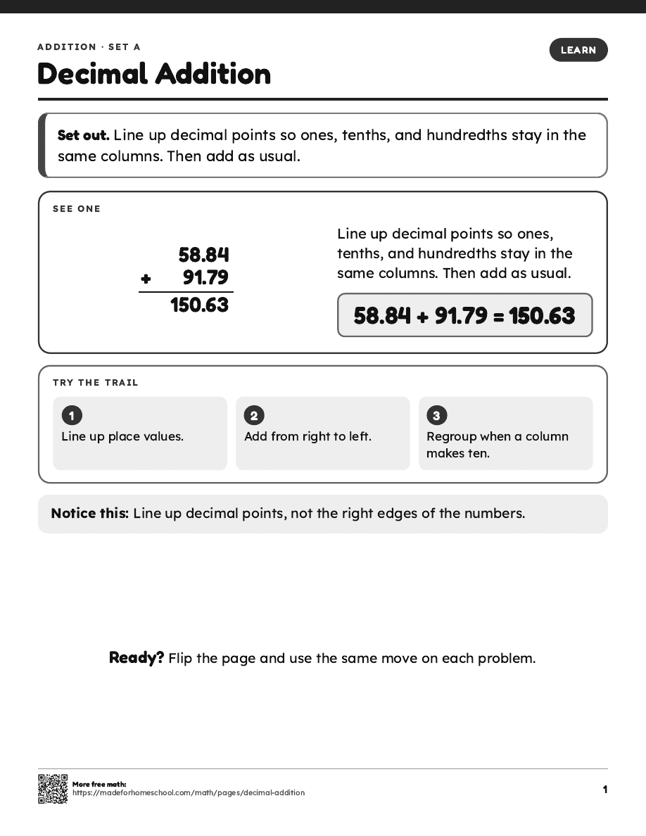 First page of Decimal Addition