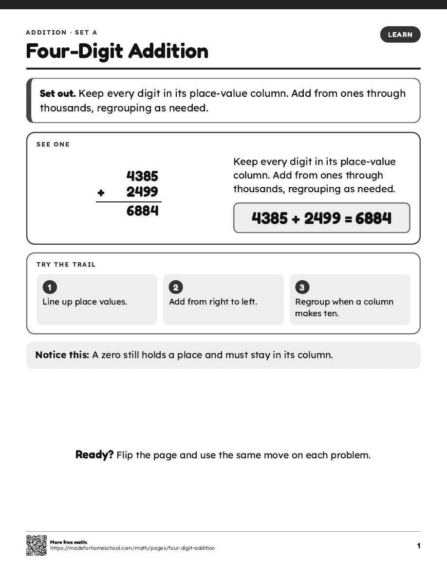 First page of Four-Digit Addition