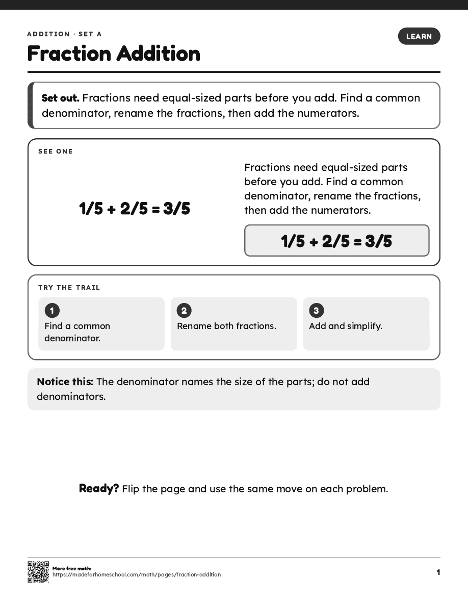 First page of Fraction Addition