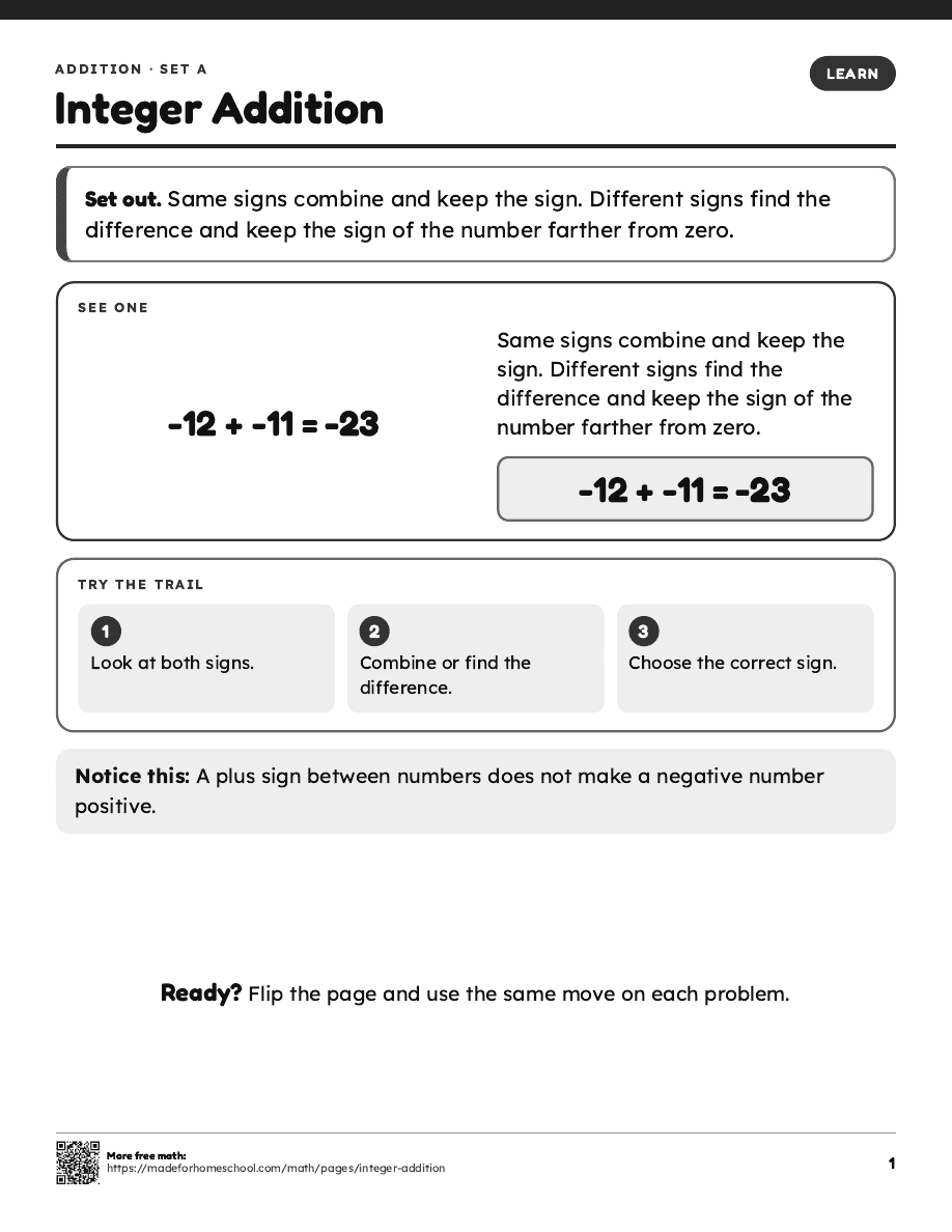 First page of Integer Addition