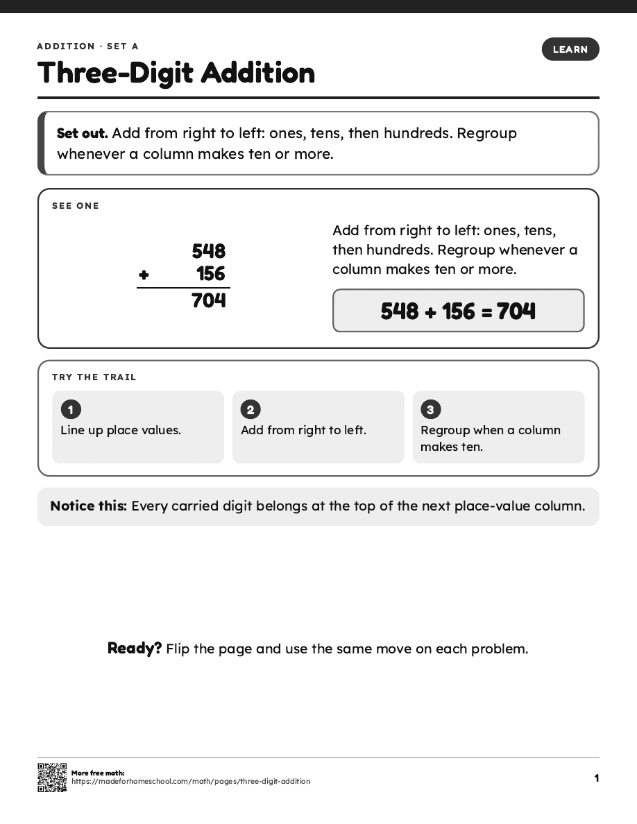 First page of Three-Digit Addition