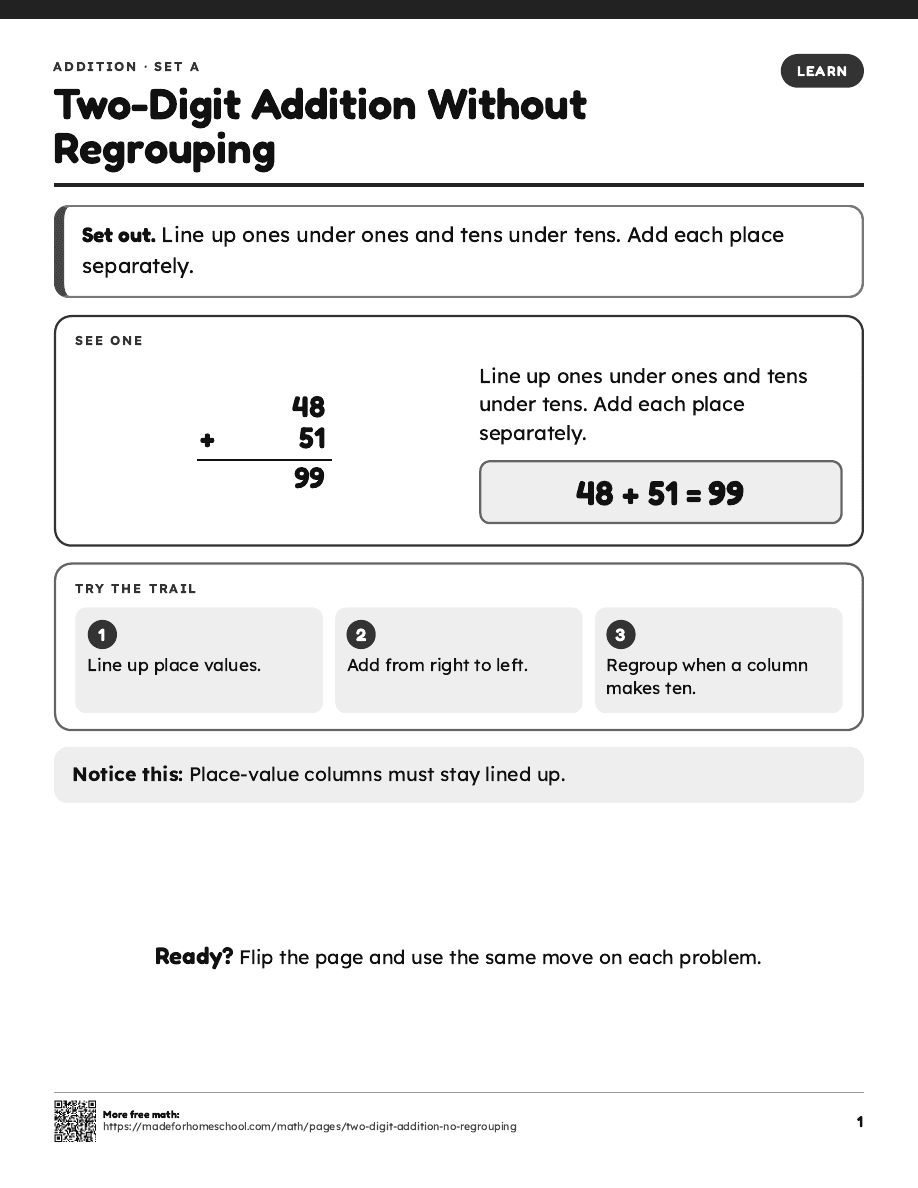 First page of Two-Digit Addition Without Regrouping
