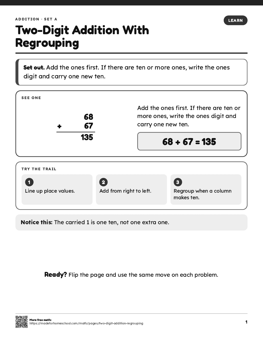 First page of Two-Digit Addition With Regrouping