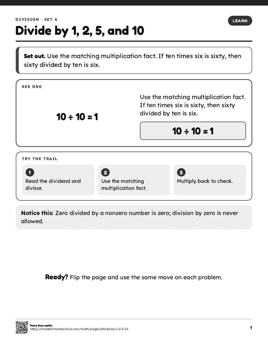 First page of Divide by 1, 2, 5, and 10