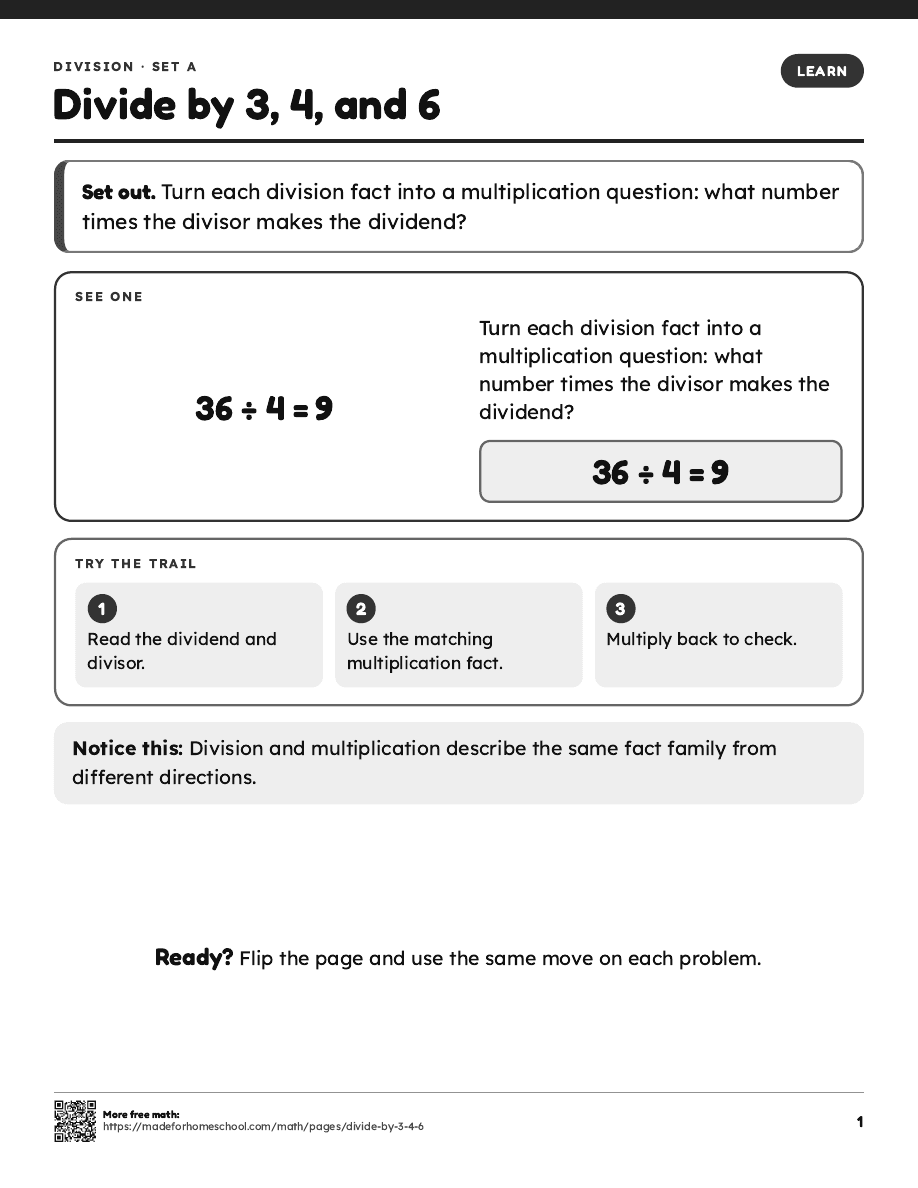 First page of Divide by 3, 4, and 6
