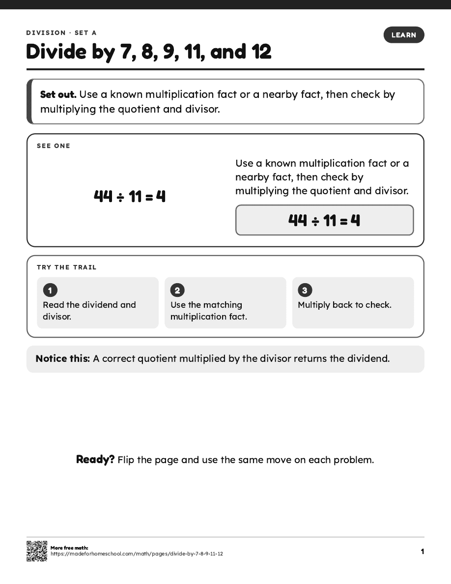 First page of Divide by 7, 8, 9, 11, and 12
