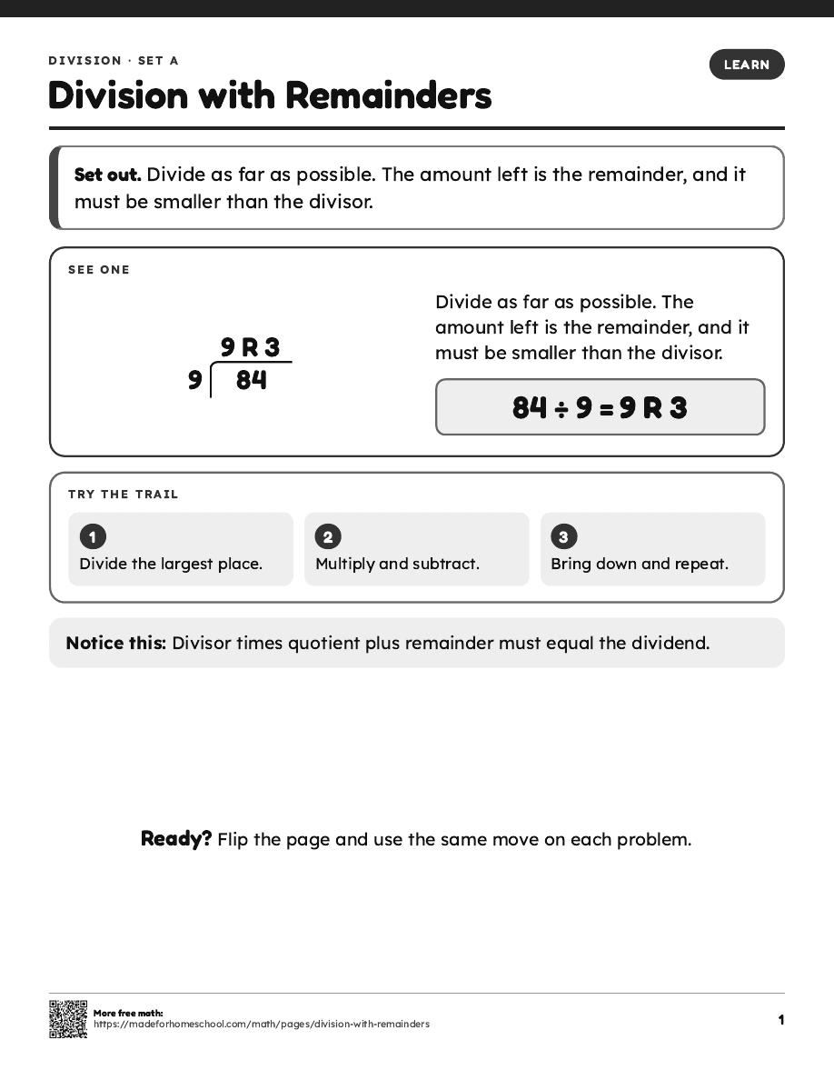 First page of Division with Remainders