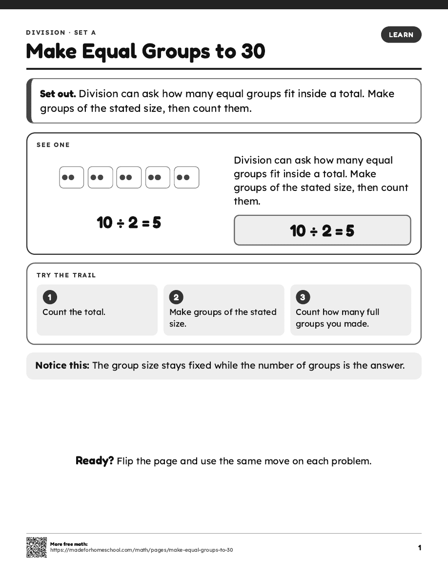First page of Make Equal Groups to 30