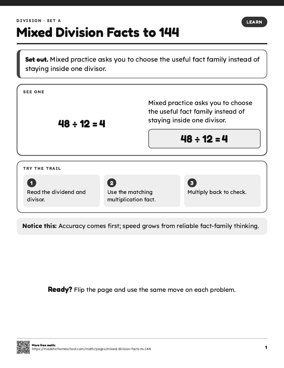 First page of Mixed Division Facts to 144