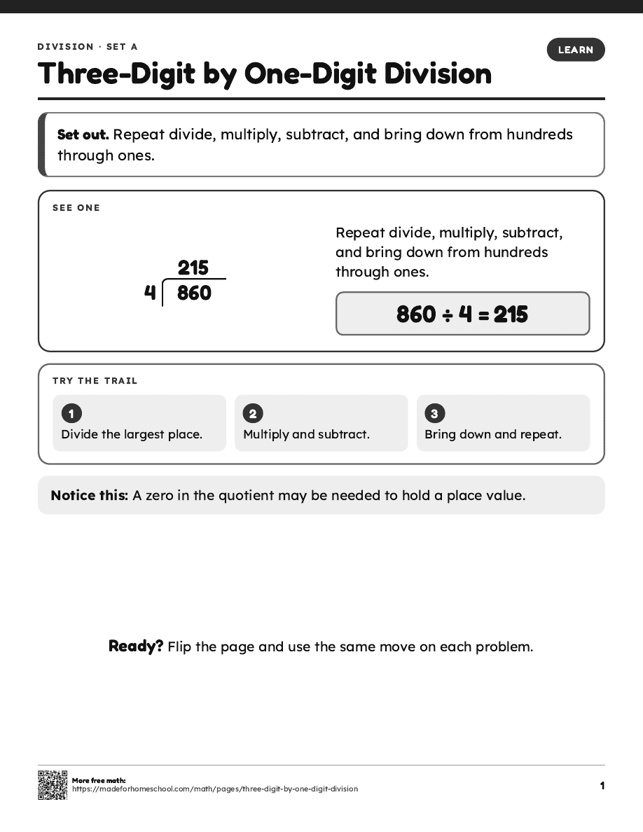 First page of Three-Digit by One-Digit Division