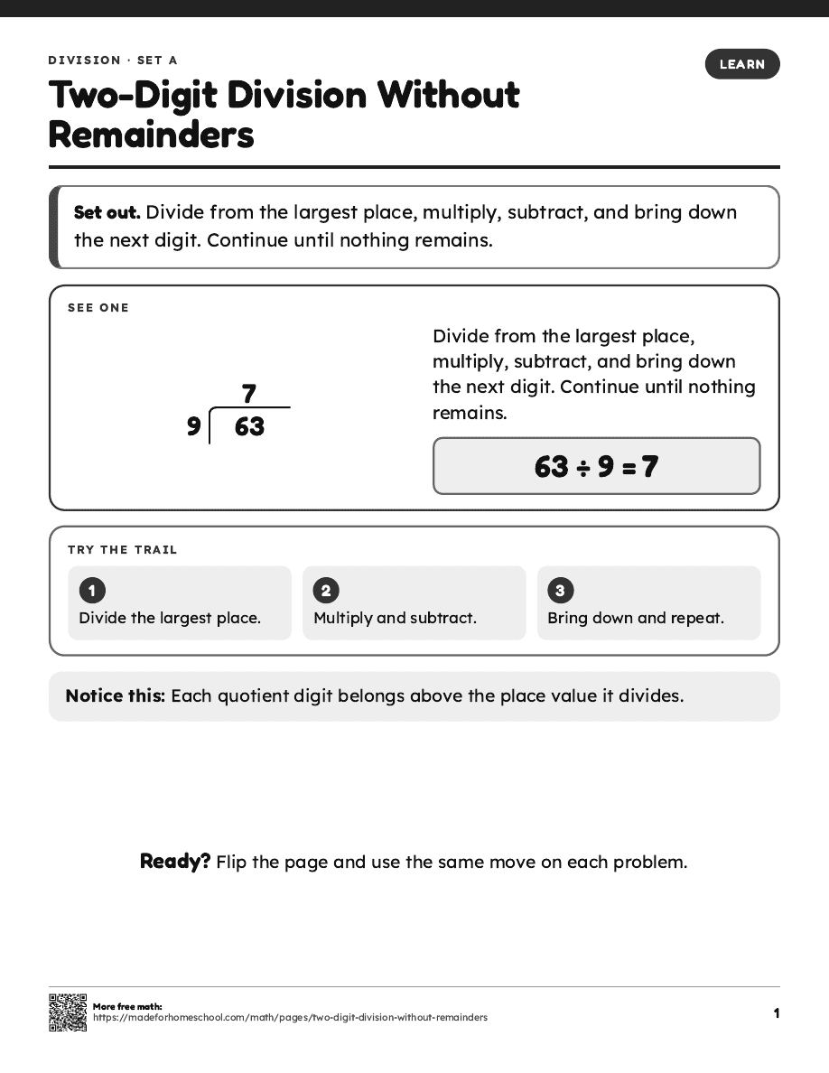 First page of Two-Digit Division Without Remainders