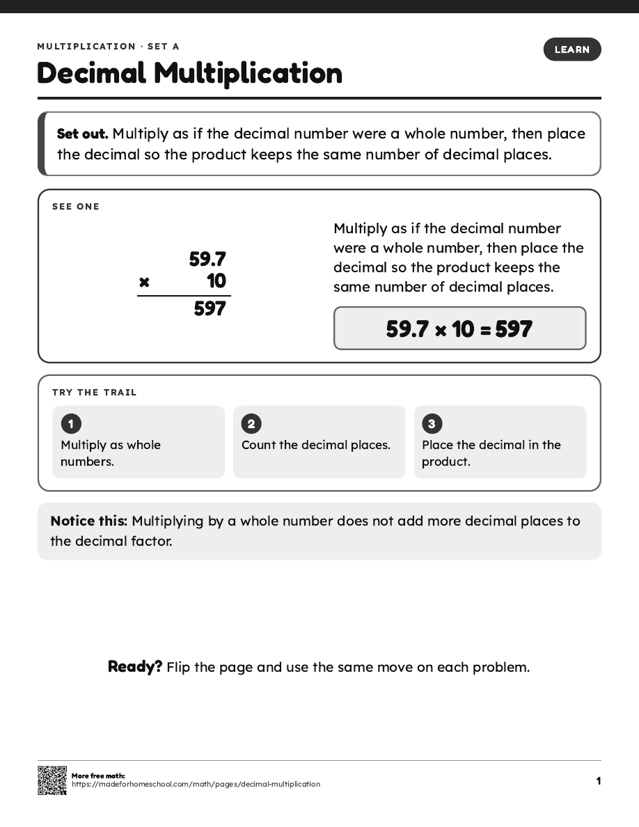 First page of Decimal Multiplication