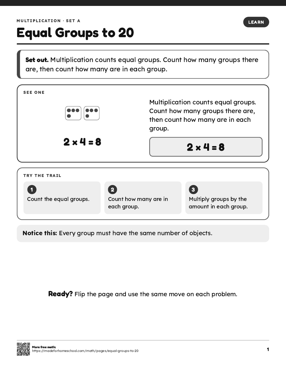 First page of Equal Groups to 20