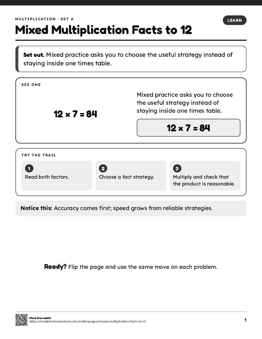 First page of Mixed Multiplication Facts to 12