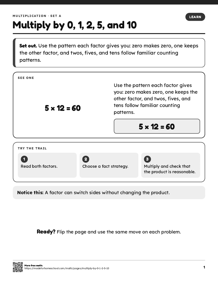 First page of Multiply by 0, 1, 2, 5, and 10