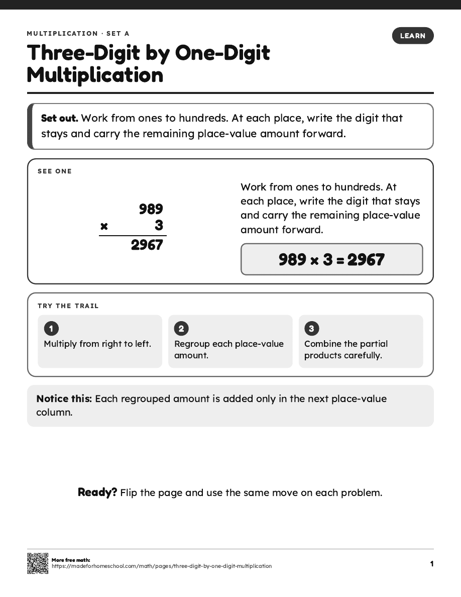 First page of Three-Digit by One-Digit Multiplication