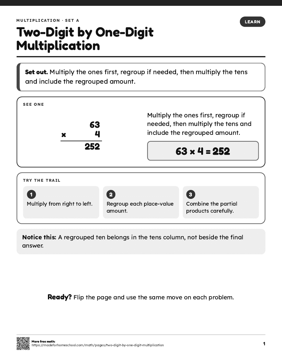 First page of Two-Digit by One-Digit Multiplication