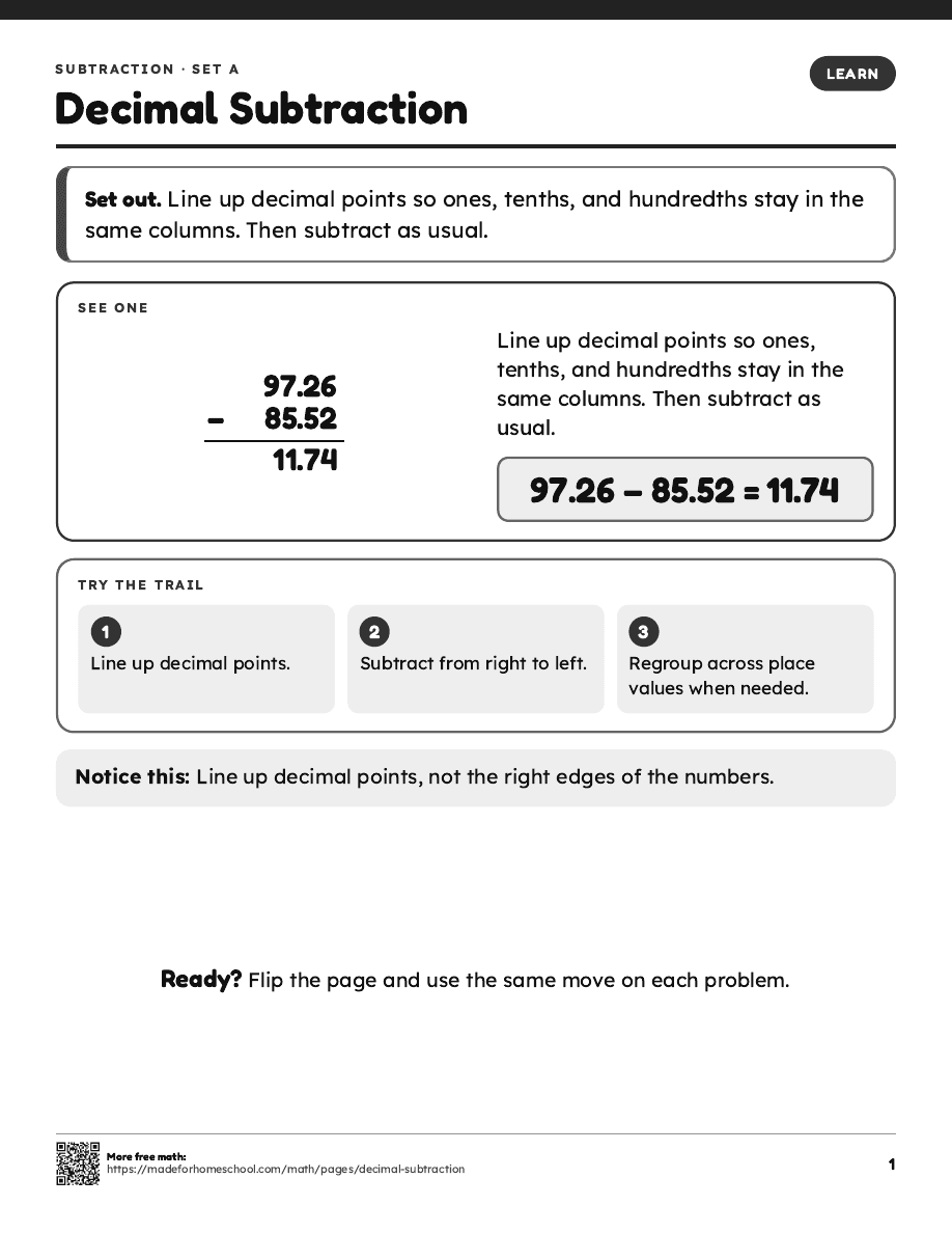 First page of Decimal Subtraction