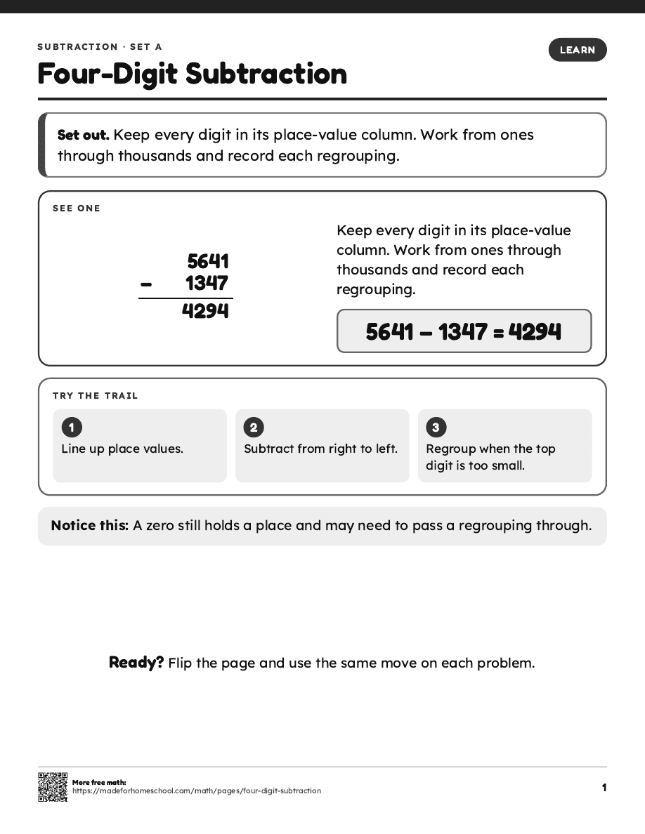 First page of Four-Digit Subtraction