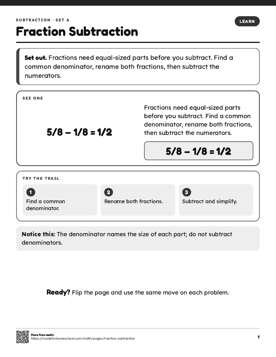 First page of Fraction Subtraction