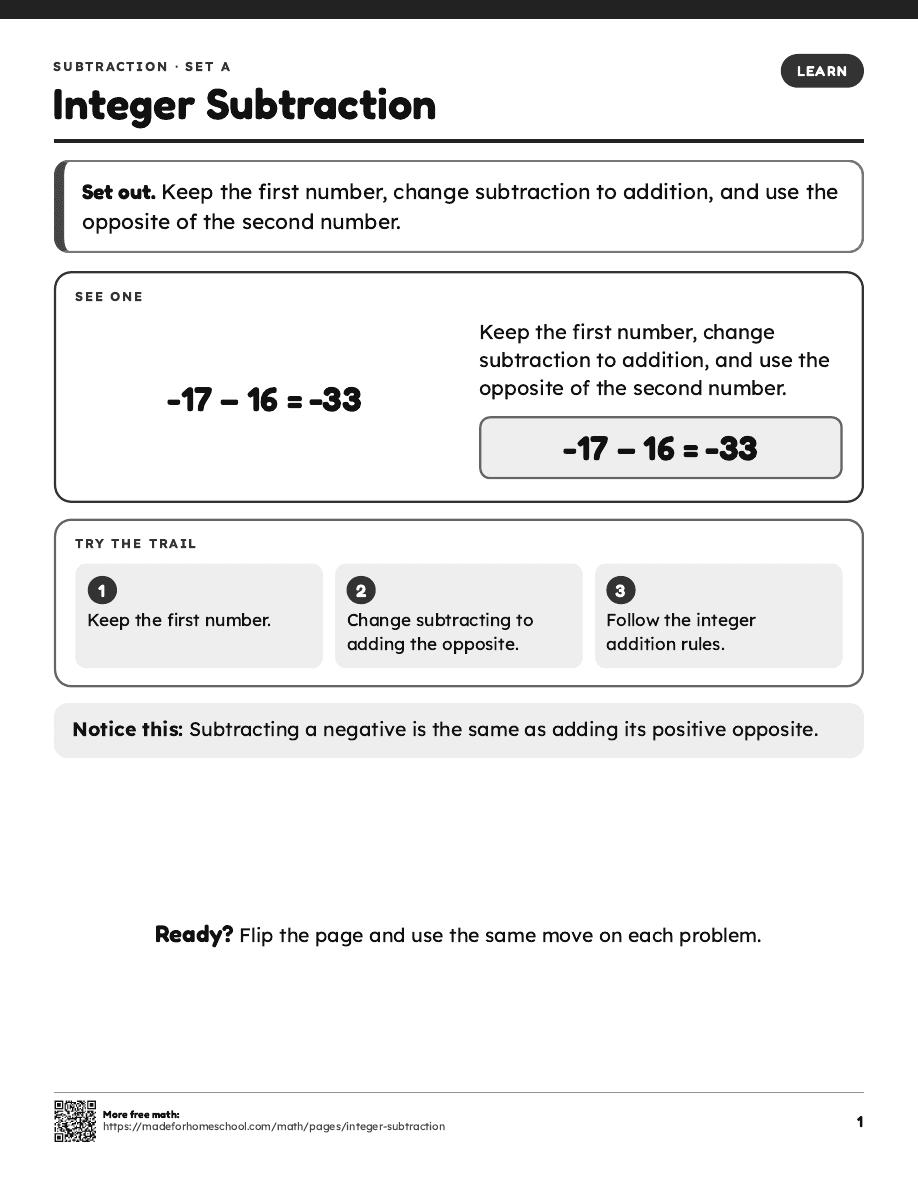First page of Integer Subtraction