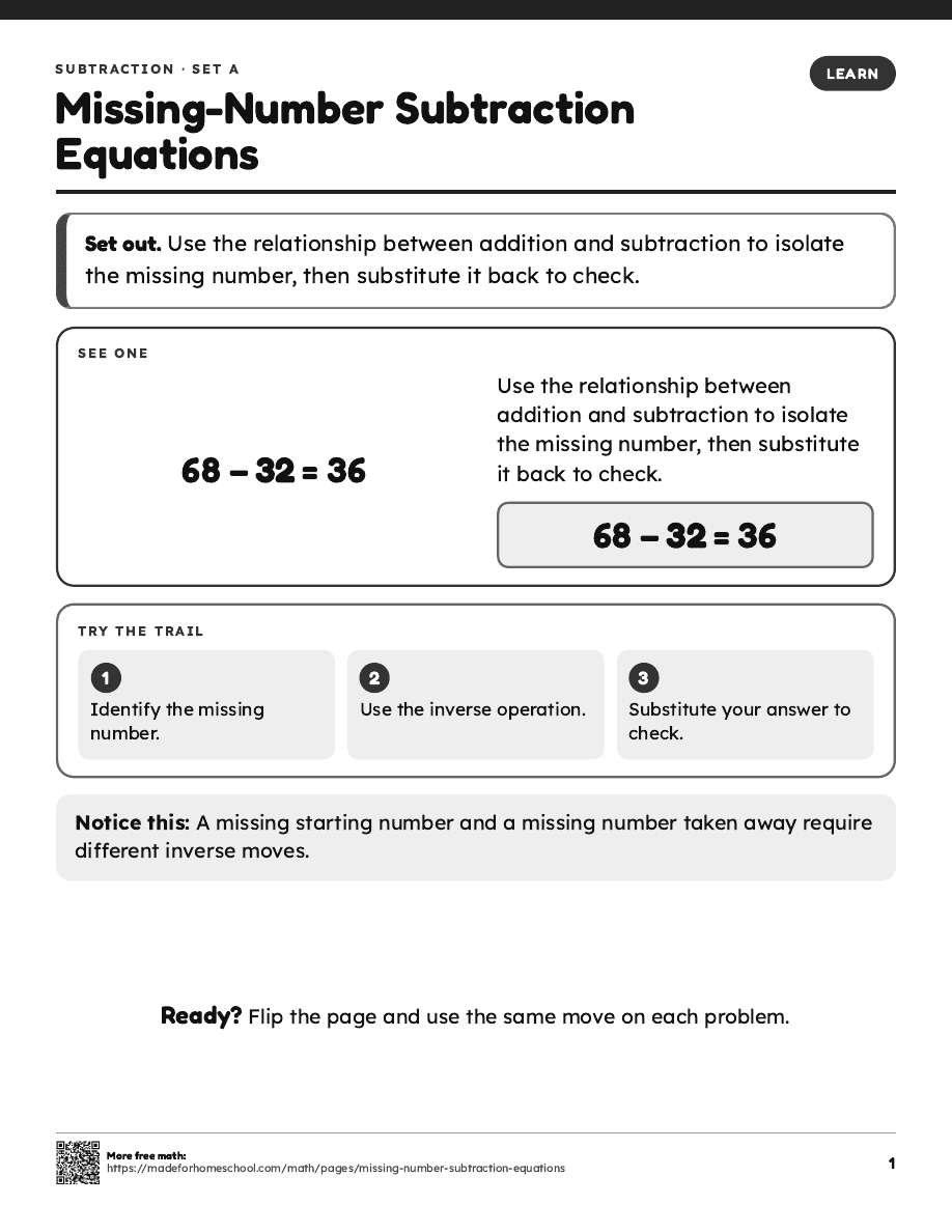 First page of Missing-Number Subtraction Equations