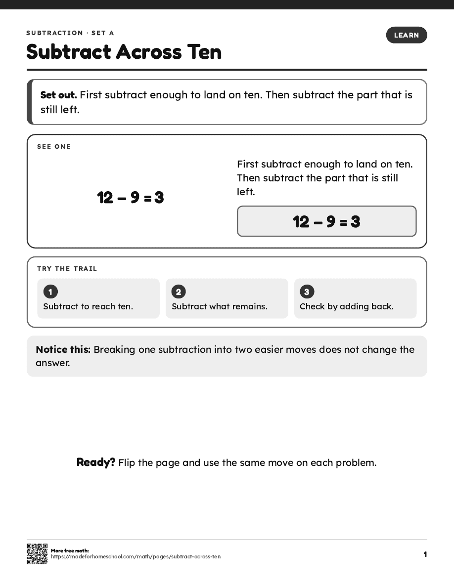 First page of Subtract Across Ten