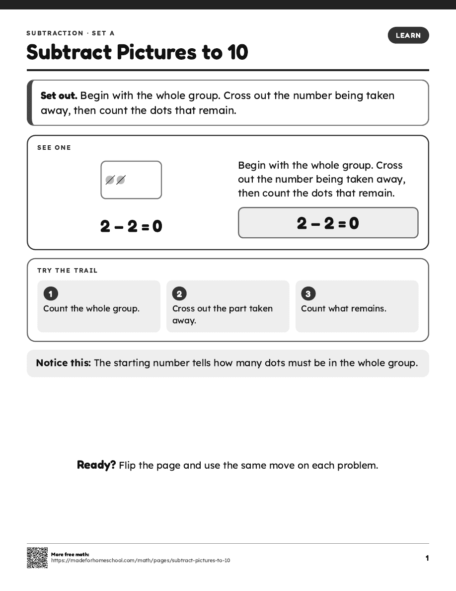 First page of Subtract Pictures to 10