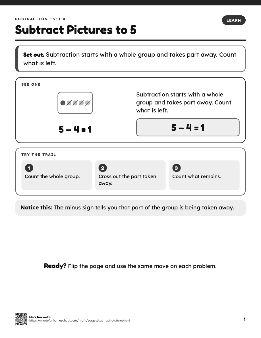 First page of Subtract Pictures to 5