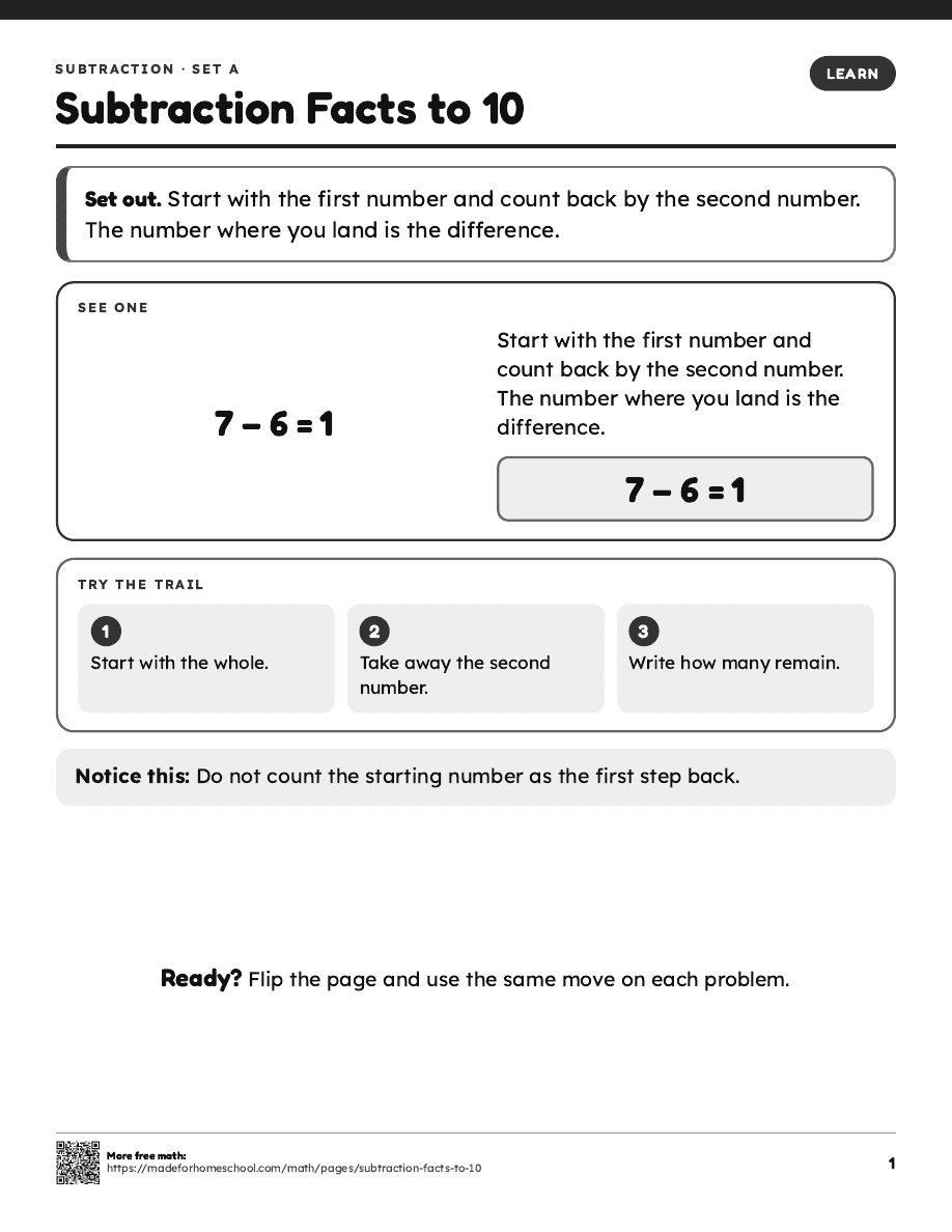 First page of Subtraction Facts to 10