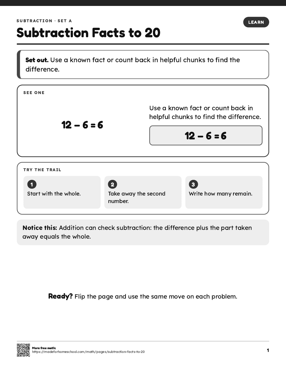 First page of Subtraction Facts to 20