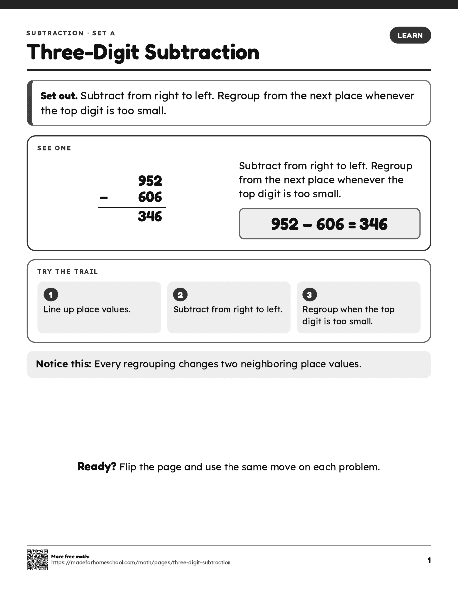 First page of Three-Digit Subtraction