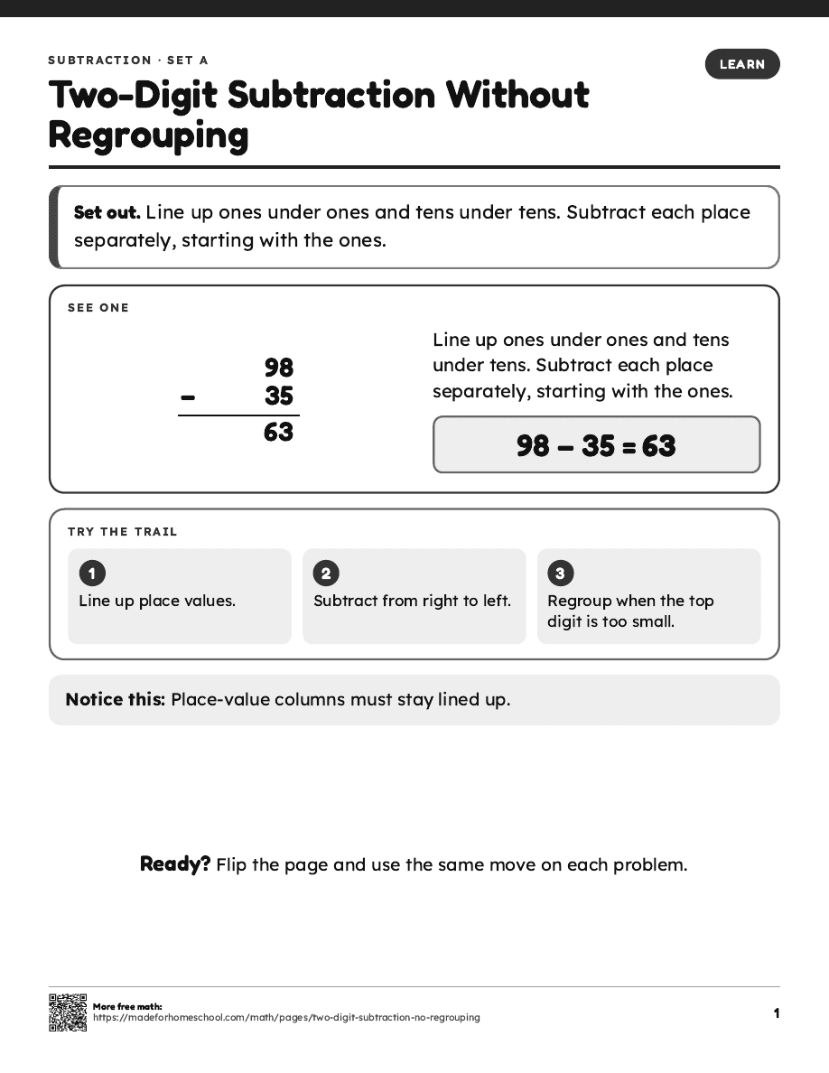 Preview of Two-Digit Subtraction Without Regrouping