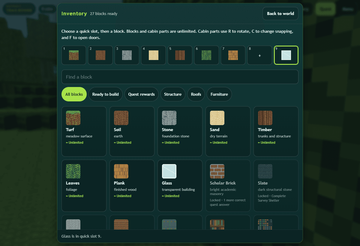 Outpost’s inventory with building materials, quick slots, and Structure, Roofs and Furniture filters.
