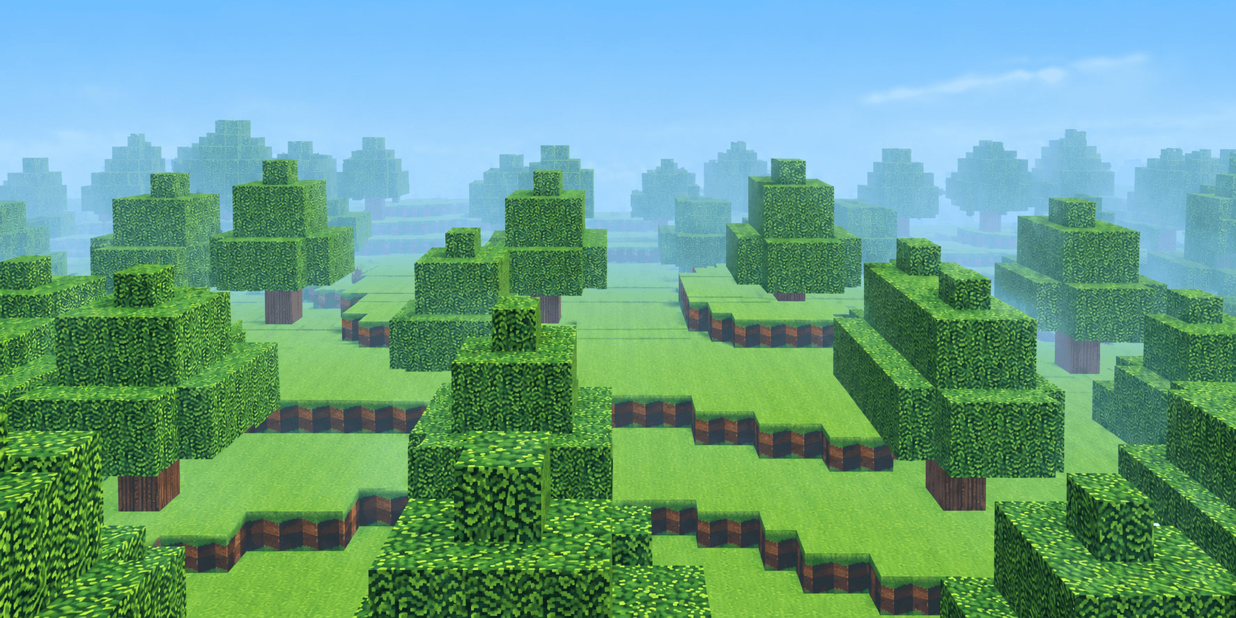 A grassy, block-built forest in Outpost: Trailbound.