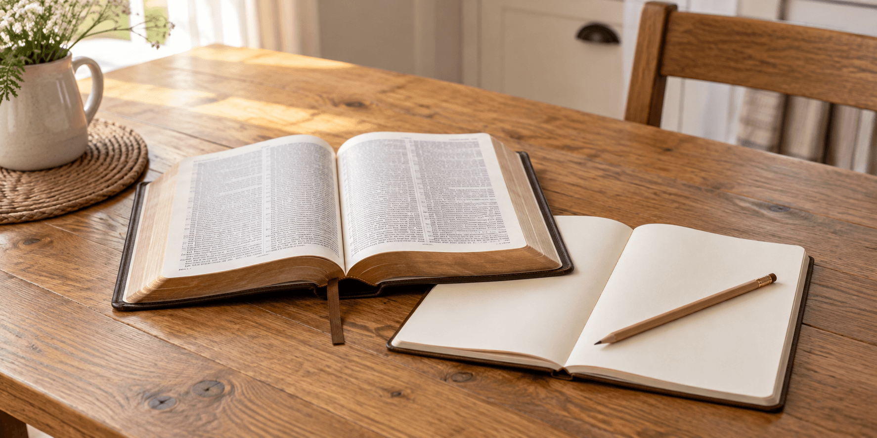 An open Bible, a blank notebook and a pencil on a kitchen table.