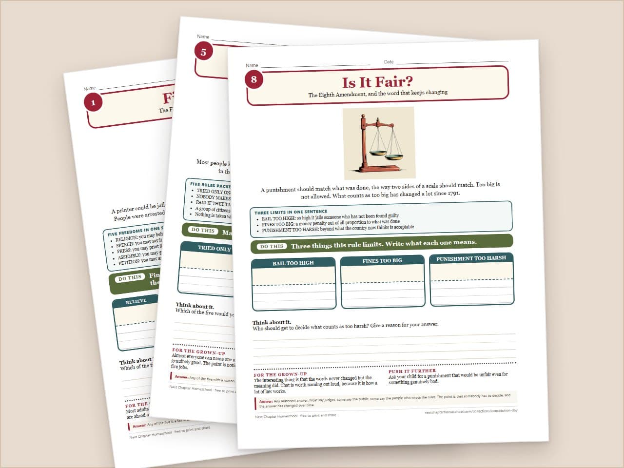 Preview pages from Constitution Day Bill of Rights Booklet, Grades 3-5: One Amendment Per Page