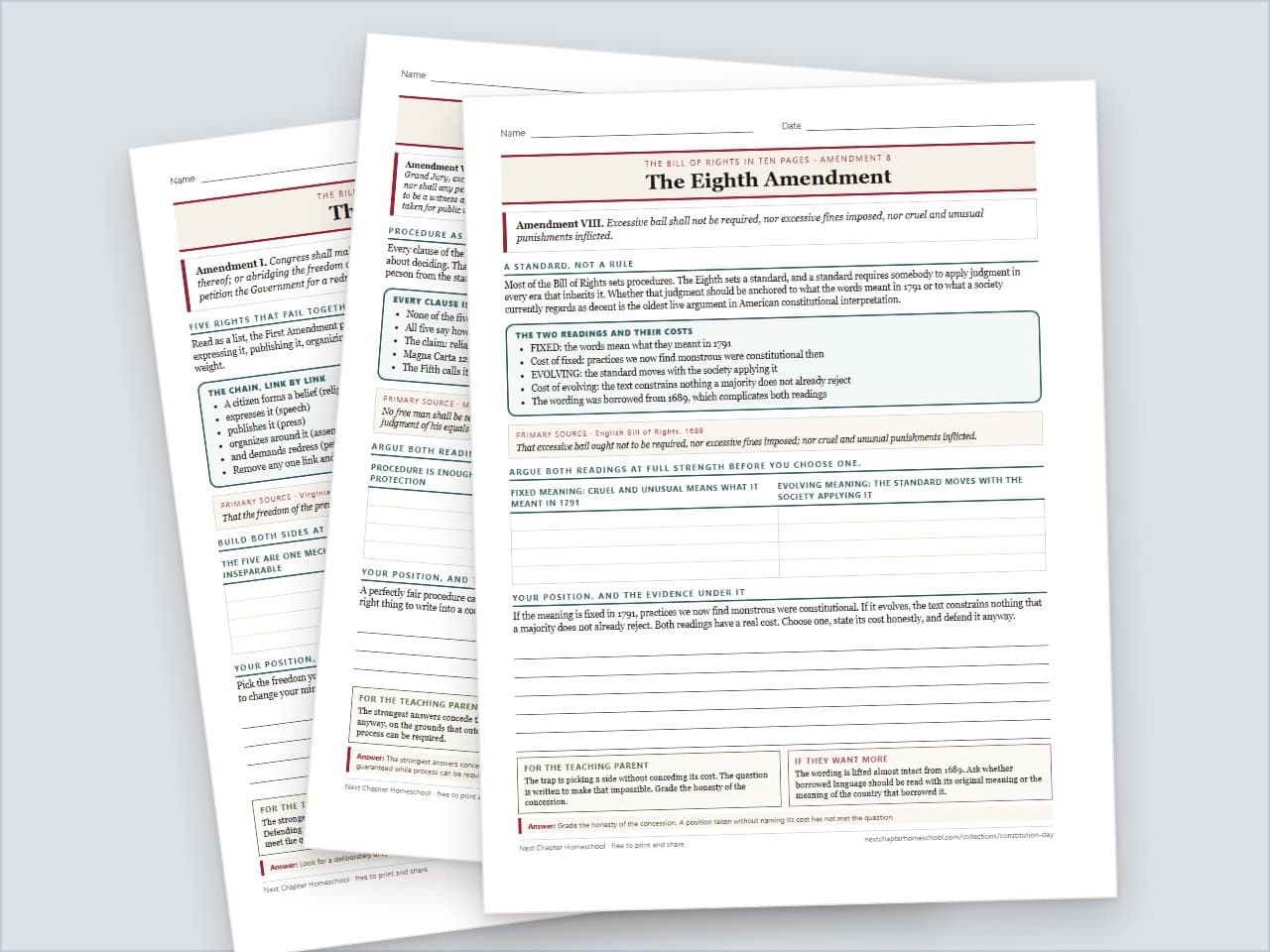 Preview pages from Constitution Day Bill of Rights Booklet, High School: One Amendment Per Page