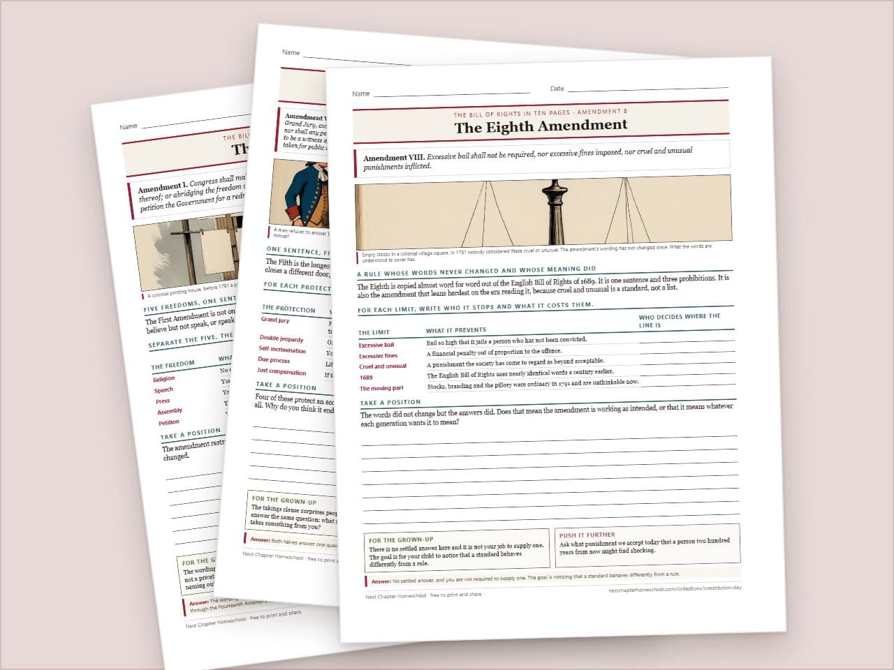 Preview pages from Constitution Day Bill of Rights Booklet, Middle School: One Amendment Per Page