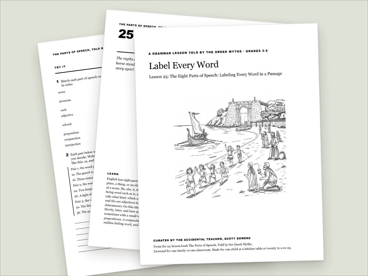 Preview pages from Parts of Speech Worksheet: Label Every Word, Greek Myths, Grades 3-5