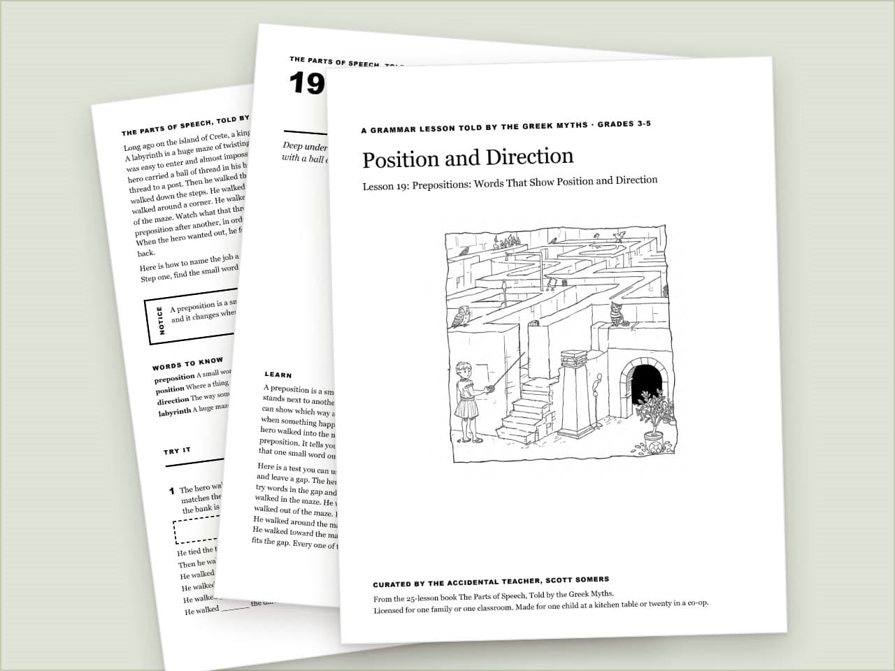 Preview pages from Prepositions Worksheet: Position and Direction, Greek Myths, Grades 3-5