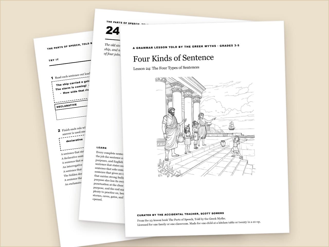 Preview pages from Types of Sentences Worksheet: Four Kinds, Greek Myths, Grades 3-5