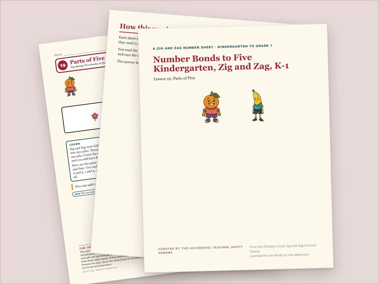 Preview pages from Number Bonds to Five Kindergarten, Zig and Zag, K-1