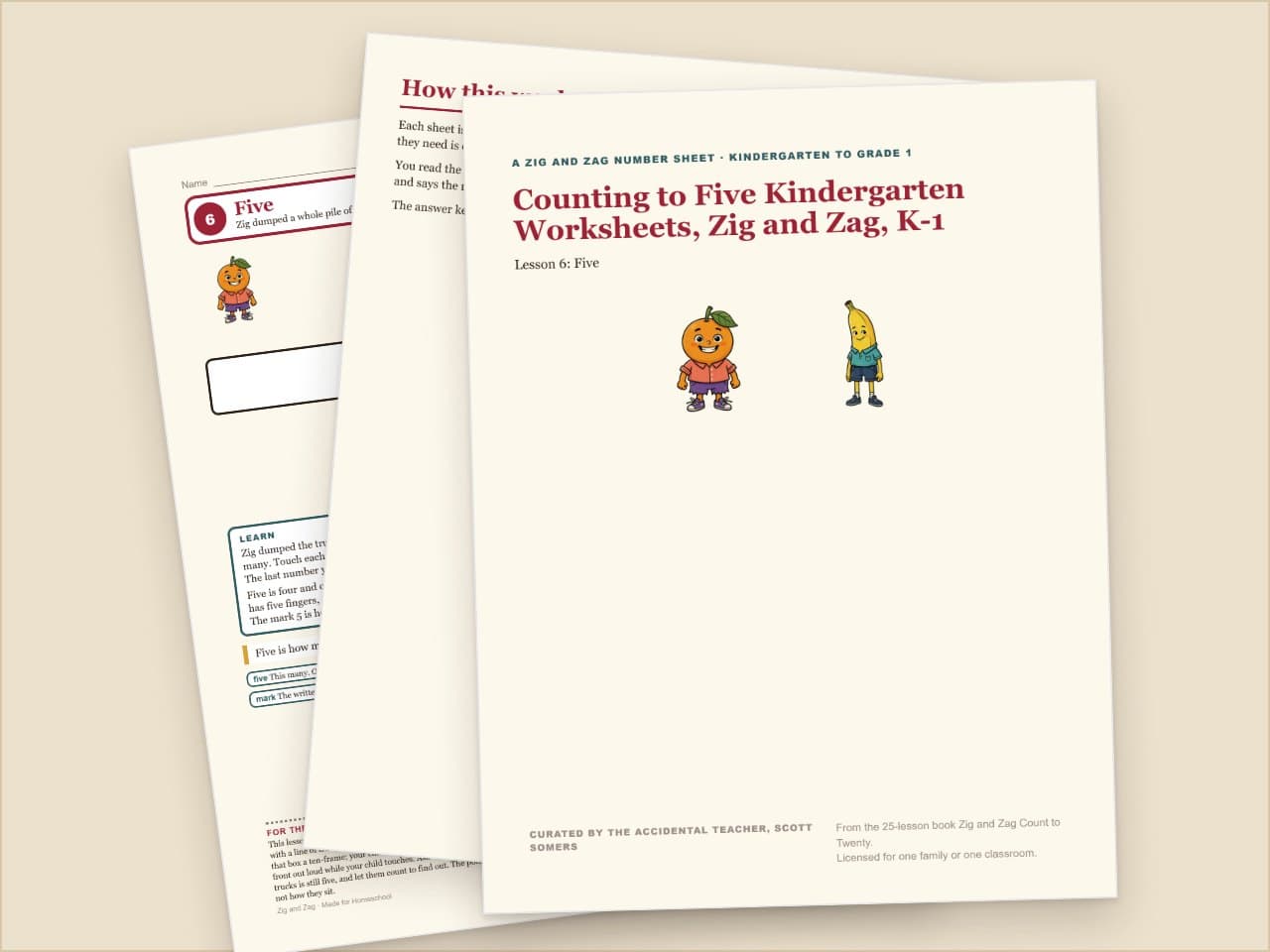 Preview pages from Counting to Five Kindergarten Worksheets, Zig and Zag, K-1