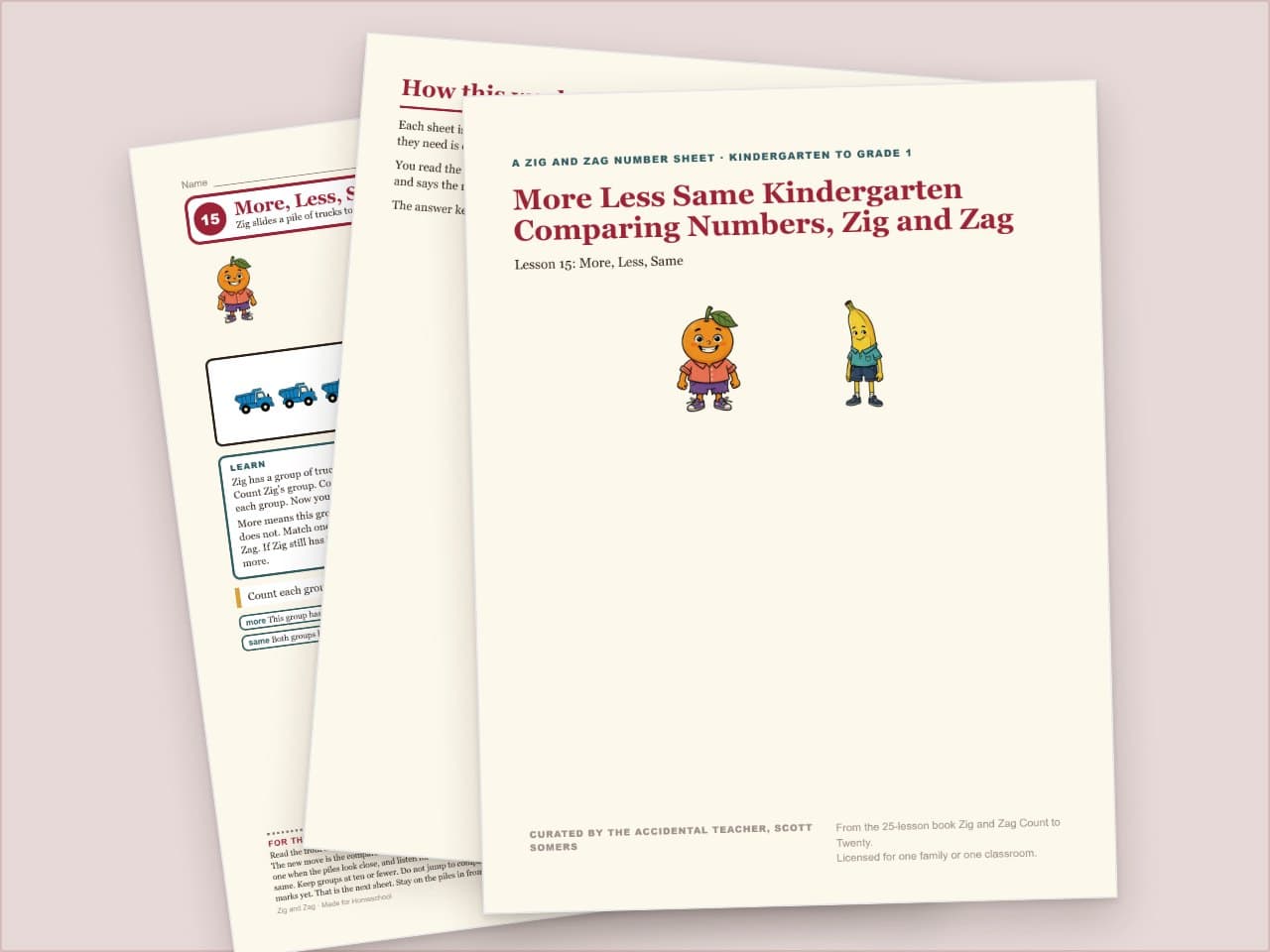 Preview pages from More Less Same Kindergarten Comparing Numbers, Zig and Zag