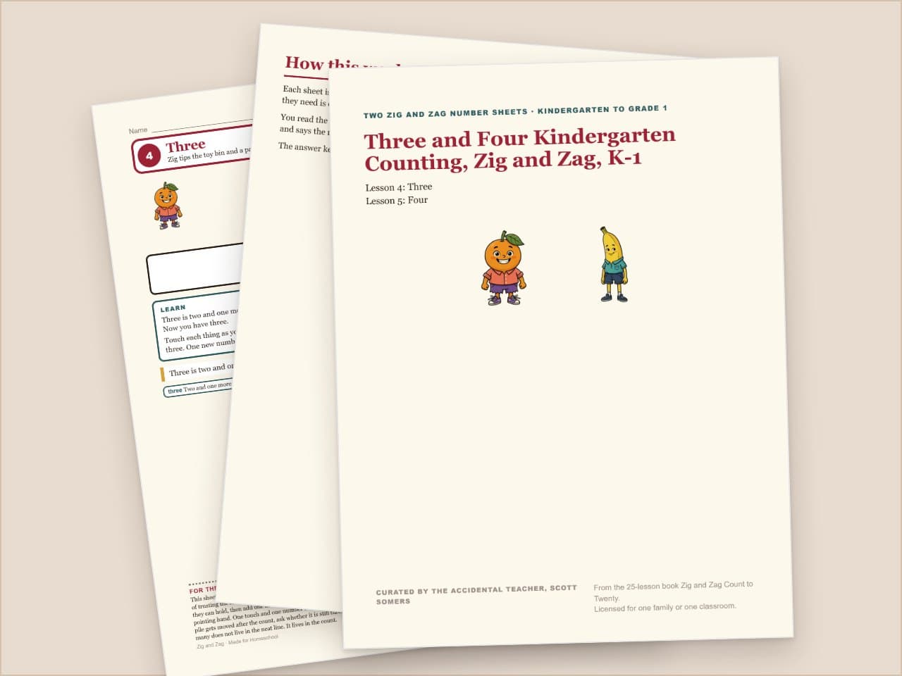Preview pages from Three and Four Kindergarten Counting, Zig and Zag, K-1