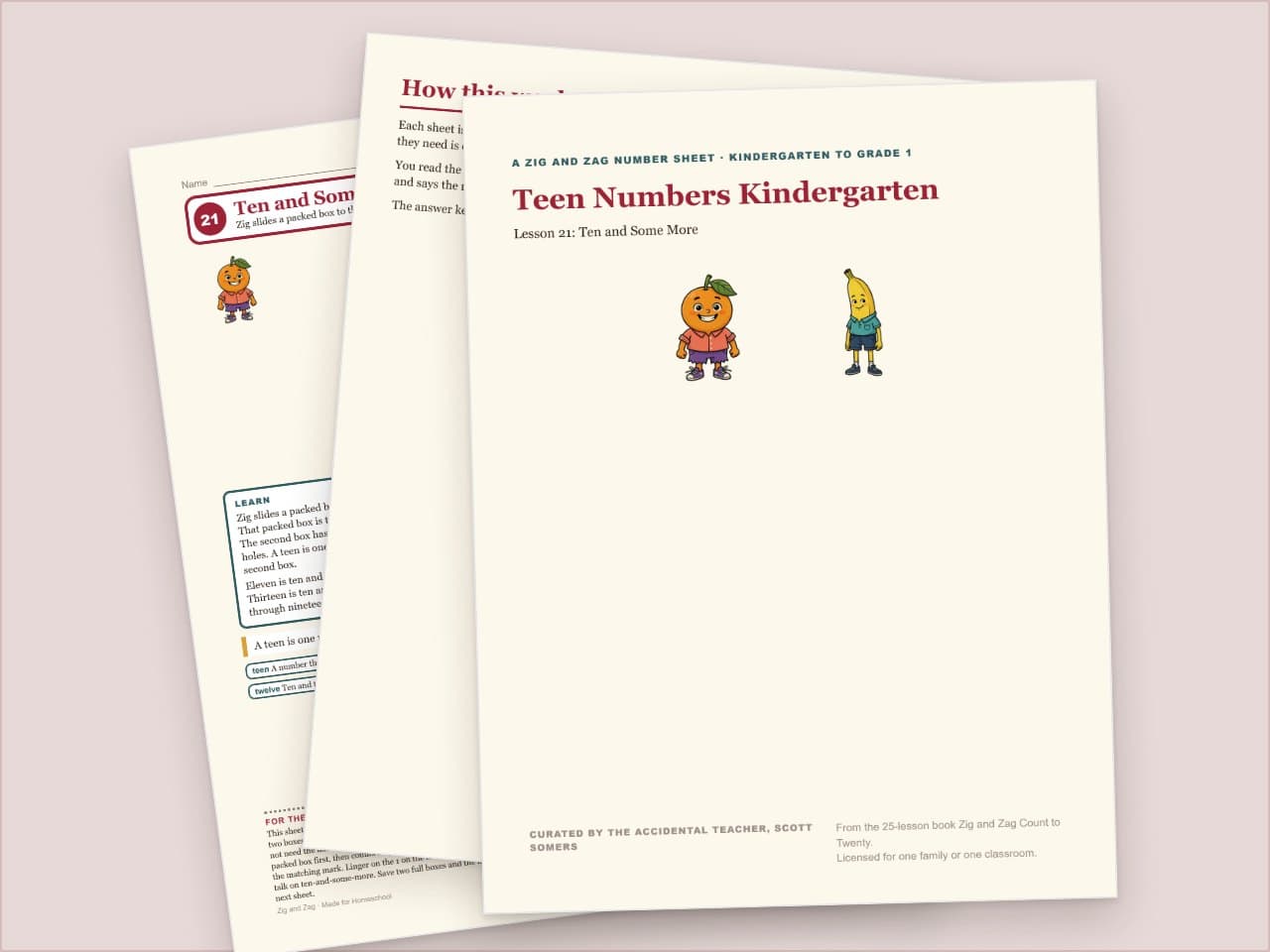 Preview pages from Teen Numbers Kindergarten: Ten and Some More, Zig and Zag